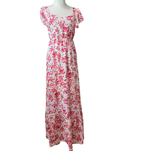 Skies Are Blue Floral Maxi Dress XSNWT Boho Ruffle Sleeve Open-Back Sundress